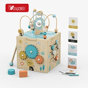 Wooden Activity Cube Toy with Animal Bead Maze, Xylophone, Shape Sorter, Gears & Learning Cards for Toddlers W11B345